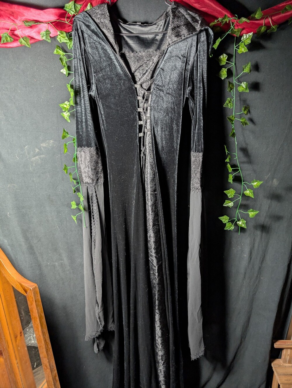 Black Velvet Gothic Lace-Up Hooded Maxi Dress